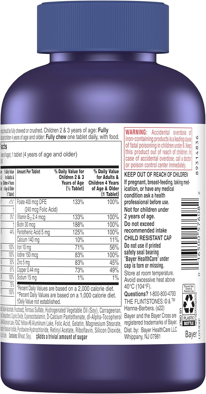 Flintstones Chewable Kids Vitamins, Complete Multivitamin for Kids and Toddlers with Iron, Calcium, Vitamin C, Vitamin D & More, 180ct