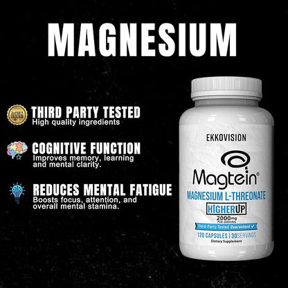 x Higher Up Magtein Magnesium L-Threonate, Memory & Cognitive Function Support, Magnesium Supplement with Essential Minerals for Men & Women, 2000 MG Per SVG, 120 Easy-to-Swallow Capsules