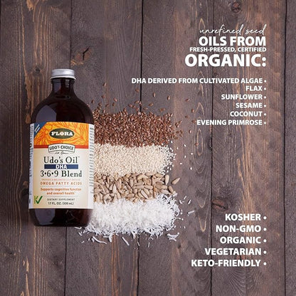 Flora - Udo's Oil DHA 3-6-9 Blend - Vegetarian Eye & Brain Health Supplement - Omega-3 & Omega-6 - Contains Sunflower & Flax Seed Oil - Kosher & Organic - Keep Chilled - 17 fl. oz.