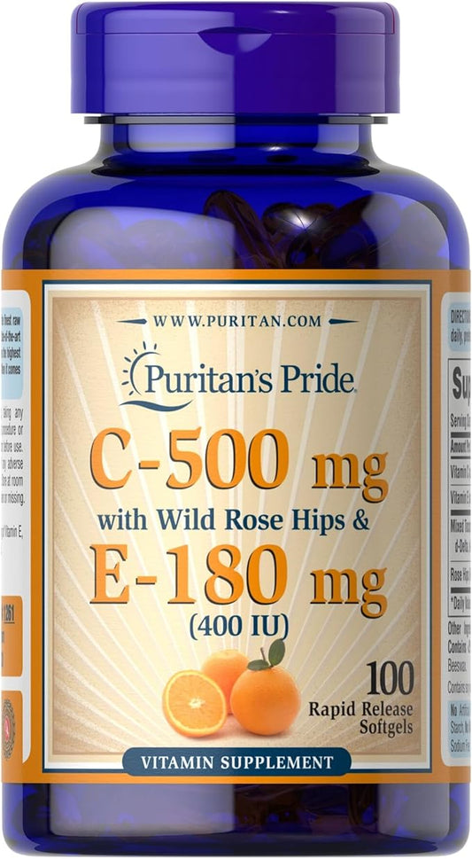 Puritan's Pride Premium Vitamin C-500mg with Rose HIPS and Vitamin E-400, Vitamin Supplement for Antioxidant, Heart, Circulatory, and Immune System Support, 100 Rapid Release Softgels