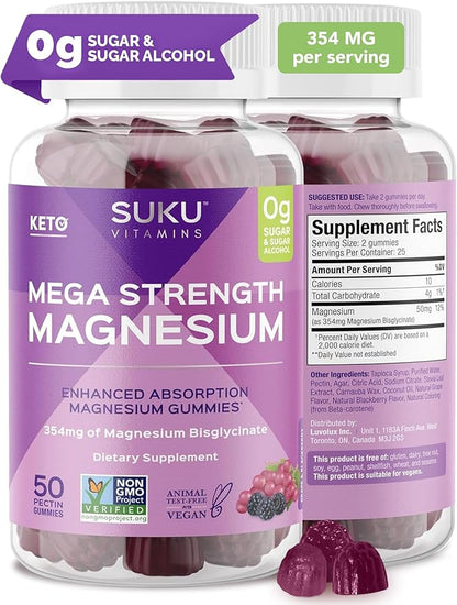 Mega Strength Magnesium - 177 mg of Magnesium Bisglycinate Gummies for Muscle Function - Easy to Chew - Non GMO, Gluten Sugar Free - Grape BlackBerry Flavored Gummy Vitamins (50 Count)
