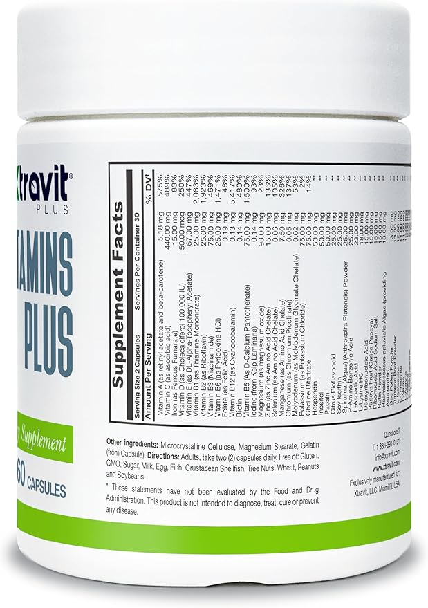Vitamins Plus Supplement - Natural Daily Men’s & Women’s Multivitamin with Iron, Minerals, Digestive Enzymes, & Antioxidants for Energy, Brain, & Digestive Support - No Fillers, 60 Capsules