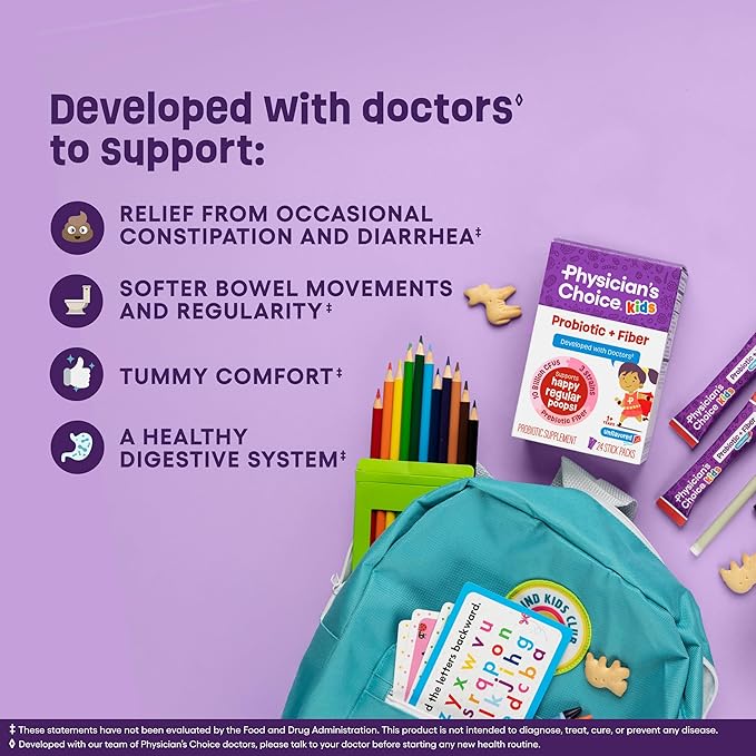 Physician's Choice Kids Probiotic + Prebiotic Fiber Packets (Ages 1+) - Supports Regularity, Occasional Constipation & A Healthy Digestive System - No Allergens or Preservatives - Unflavored - 24 Pack