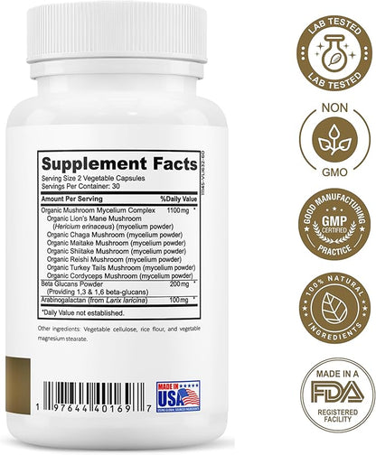 Organic Mushroom Complex - 7 Mushroom Blend Immune Support Nootropic & Cognitive Health Supplement with Organic Lion's Mane, Chaga, Maitake, Shiitake, Reishi, Turkey Tails, Cordyceps Mix