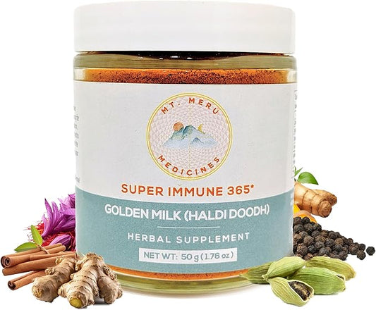 Mt.Meru Medicines Ayurvedic Haldi Doodh/Golden Milk Superblend- with Immune Boosting Formula, Gluten-Free, for Brain Health, Gut Support with High Curcumin Lakadong Turmeric (1.76oz/50g)
