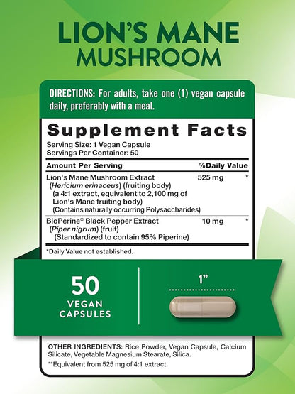 Nature's Truth Lions Mane Supplement Capsules | 2100mg | 50 Count | with BioPerine | Vegan, Non GMO & Gluten Free Formula