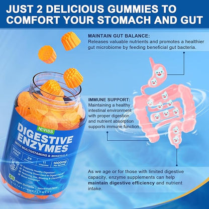 1Pack Digestive Enzymes with Probiotic Gummies, Multivitamins, Calcium, Magnesium - All 24 Essential Chewable Multi Enzymes - Papaya, Lipase, Amylase, Bromelain - Breaking Down Carbs, Proteins, Fats