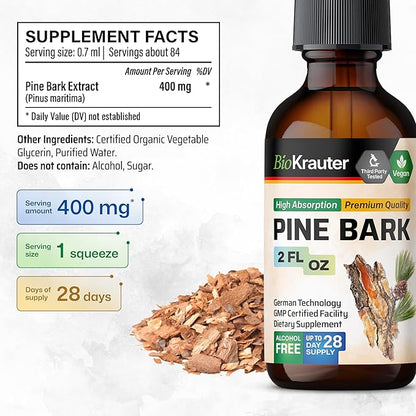 BIO KRAUTER Pine Bark Extract - Rich in Antioxidants Liquid Supplement - 400 mg French Maritime Pine Bark Extract Drops - Vegan, Alcohol & Sugar Free - 2 Fl Oz