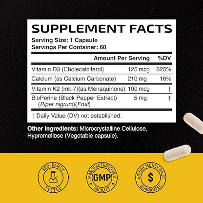 Vitamin D3 K2 5000 IU for Immune System, Strong Bones & Teeth Support | Vit D3 125mcg, Vitamin K2 MK7 100mcg, Calcium 210mg & BioPerine | 3rd-Party Tested, Non-GMO | 60 Capsules (2 Month Supply)