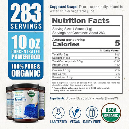 biophix Blue Spirulina Powder Organic Blulina 10 oz - Algae Organic Spirulina Powder 283 Servings - Superfood Supplement - Natural Blue Pigment - Espirulina en Polvo Organica Pura Azul
