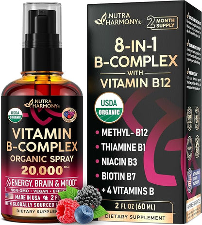 USDA Organic Vitamin B-Complex Liquid Spray 8-in-1 - B5 Pantothenic Acid | B12 Methylcobalamin | B1 Thiamine | B6 Pyridoxine | B7 Biotin | B9 Folic | B3 Niacinamide - Made in USA Supplement, 2fl oz