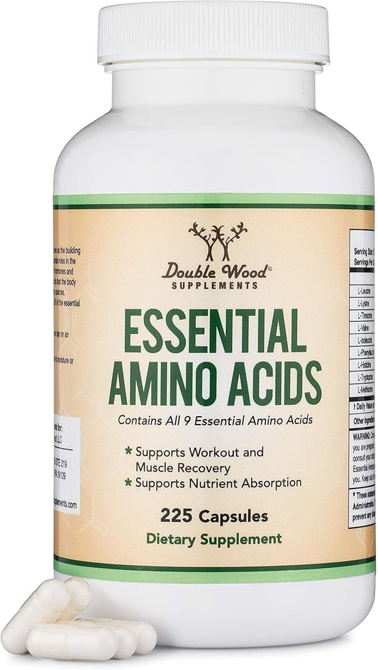 Essential Amino Acids - 1 Gram Per Serving Powder Blend of All 9 Essential Aminos (EAA) and All Branched-Chain Aminos (BCAAs) (Leucine, Isoleucine, Valine) 225 Capsules, Gluten Free by Double Wood