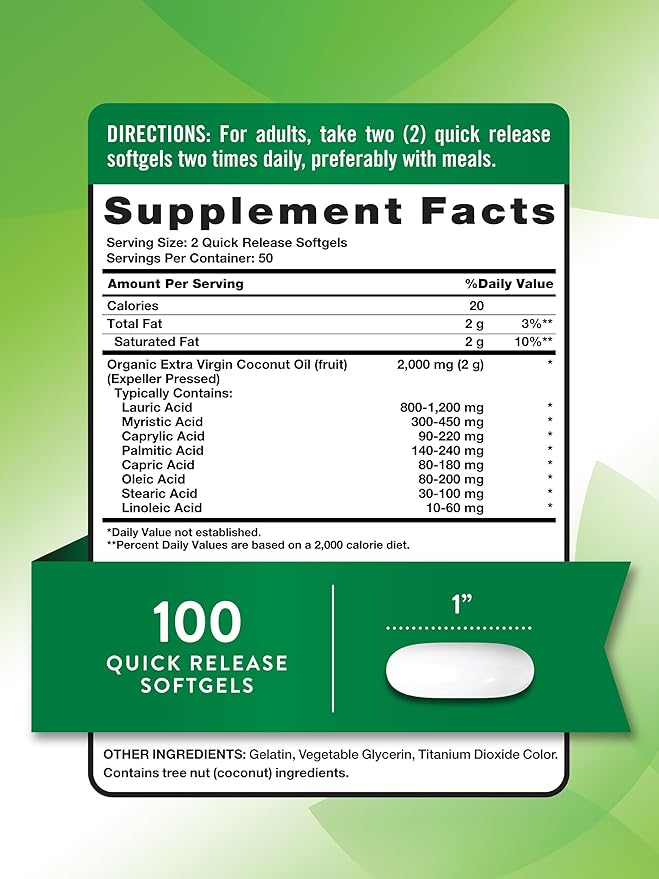 Nature's Truth Coconut Oil Supplement | 100 Softgels | Naturally Occurring MCTs | Non-GMO & Gluten Free