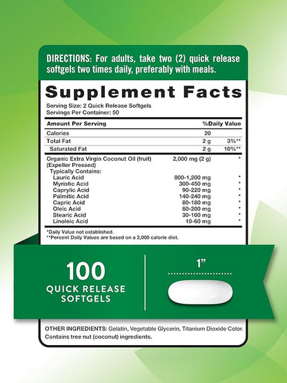 Nature's Truth Coconut Oil Supplement | 100 Softgels | Naturally Occurring MCTs | Non-GMO & Gluten Free