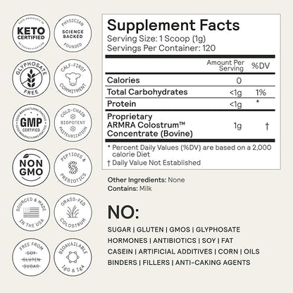 ARMRA Colostrum™ Premium Powder, Grass Fed, Gut Health Bloating Immunity Skin & Hair, Contains 400+ Bioactive Nutrients, Potent Bioavailable, Keto, Gluten & Fat Free (Unflavored | 120 Servings)
