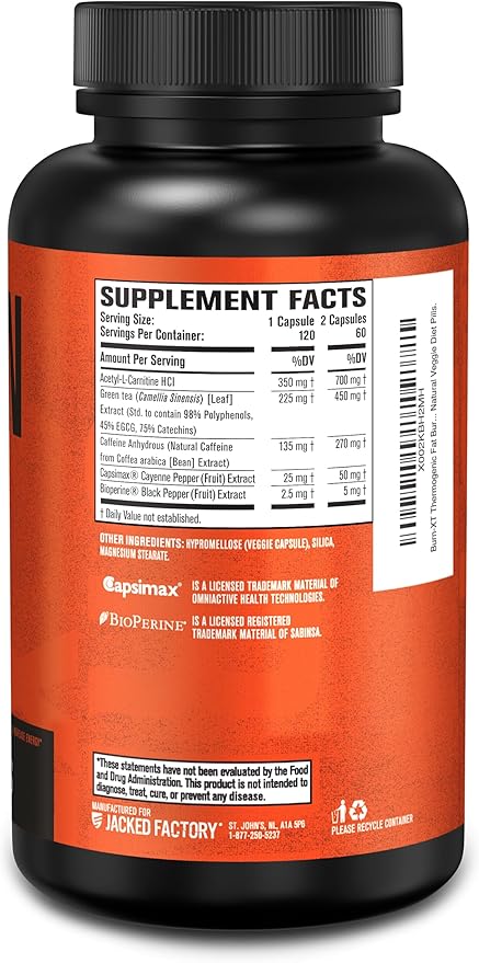 Jacked Factory Burn-XT Clinically Studied Fat Burner & Weight Loss Supplement - Appetite Suppressant & Energy Booster - with Acetyl L-Carnitine, Green Tea Extract and More - 120 Natural Diet Pills