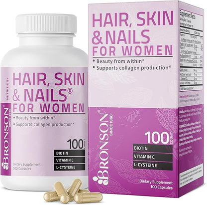 Bronson Hair, Skin & Nails with Biotin Extra Strength Vitamin Supplement for Women, 100 Capsules
