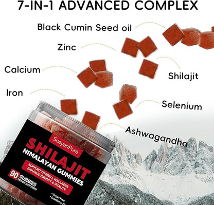 Pure Himalayan Shilajit Gummies IAshwagnadha, Black Seed Oil I Fulvic Acid & 85+ Trace Minerals I No Added Sugar I Improve Congitive & Mood, Immunity and Energy for Men,Women I 90 Gummy