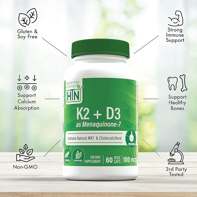 Health Thru Nutrition K2 + D3 Complex | K2 100mcg as MenaQ7 Menaquinone 7 MK7 & D3 1,000iu | 3rd Party Tested | Non-GMO (Pack of 60)