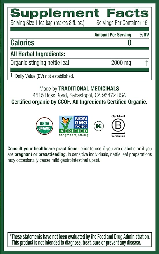 Traditional Medicinals Organic Nettle Leaf Herbal Tea, Supports Joint Health & Overall Wellness, (Pack of 2) - 32 Tea Bags Total