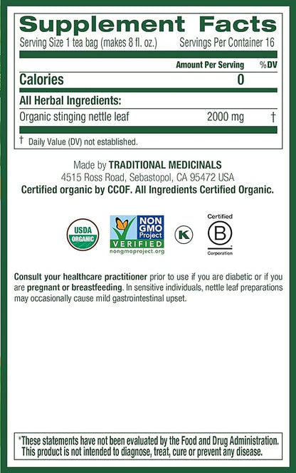 Traditional Medicinals Organic Nettle Leaf Herbal Tea, Supports Joint Health & Overall Wellness, (Pack of 2) - 32 Tea Bags Total