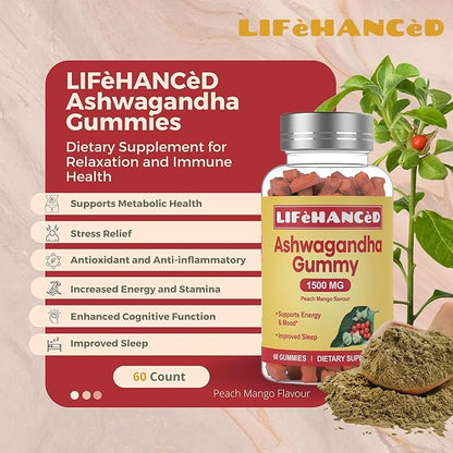 Ashwagandha Gummies, LAB Tested, 60 Count,1500mg,3% Withanolides,Peach Mango Flavour, Ideal Supplement for Your Entire Family.