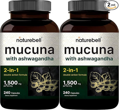 2 Pack NatureBell Mucuna Pruriens Capsules, 1500mg Per Serving, Made with Mucuna and Ashwagandha, 480 Capsules, 2 in 1 Formula, Contains Mucuna Pruriens Seeds for Mood Mind and Brain Health