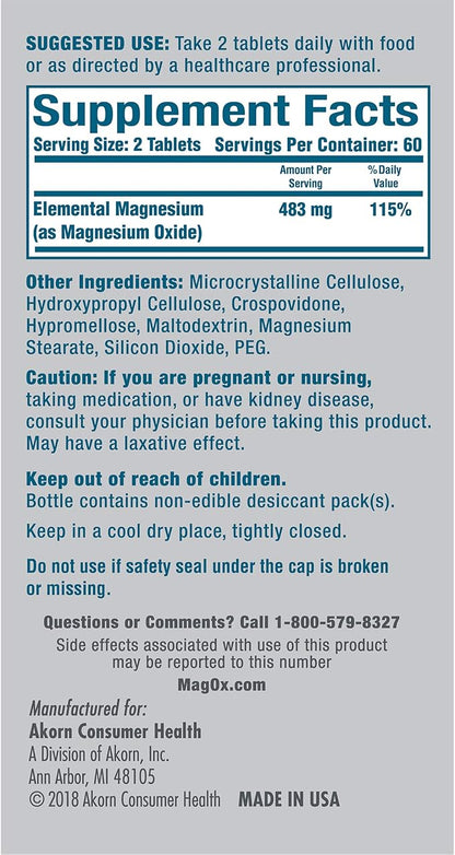 Mag-Ox 400 Magnesium Mineral Dietary Supplement Tablets, 483 mg Magnesium Oxide, Pharmaceutical Grade, 120 Count, (Pack of 2)