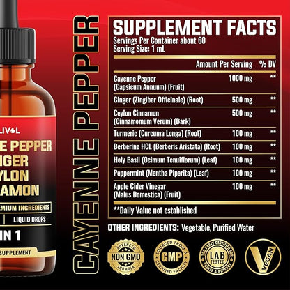 8in1 Cayenne Pepper Liquid Drops with Ginger, Ceylon Cinnamon and 5 More Herbals - Digestion, Circulatory Heath Support - 2 Fl Oz for 2 Months