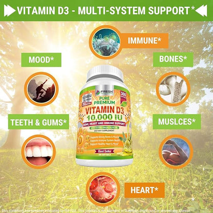 Fresh Healthcare Vitamin D3 10000 IU (250mcg) with Extra Virgin Olive Oil - Immune Support - 300 Softgels for Joints, Bone, Muscle & Mood Health - Non-GMO Vitamin D Supplement