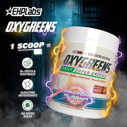 EHP Labs x Ghostbusters OxyGreens Super Greens Powder - Spirulina & Chlorella Superfood, Green Juice Powder with Prebiotic Fibre, Antioxidants & Immunity Support, 30 Serves (Proton Plasma)