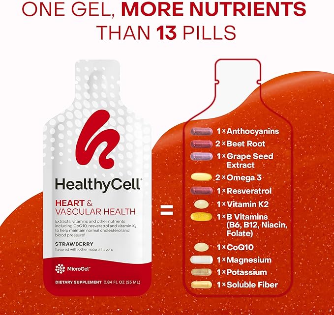 Healthycell Heart & Vascular Health Daily Liquid Supplement - Blood Pressure & Cholesterol Support with Beet Root Powder, Resveratrol, CoQ10, Omega-3 & Vitamin K - 14 Gel Packs