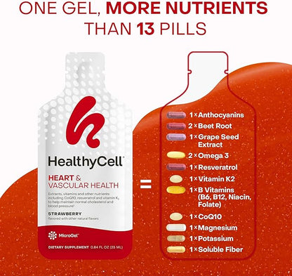 Healthycell Heart & Vascular Health Daily Liquid Supplement - Blood Pressure & Cholesterol Support with Beet Root Powder, Resveratrol, CoQ10, Omega-3 & Vitamin K - 14 Gel Packs