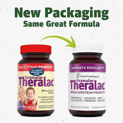 Master Supplements Granular Theralac - 1.05 oz - Multi-Strain Probiotic Powder for Optimal Gut Health - Great for Kids - Vegan, Gluten Free - 40 Servings