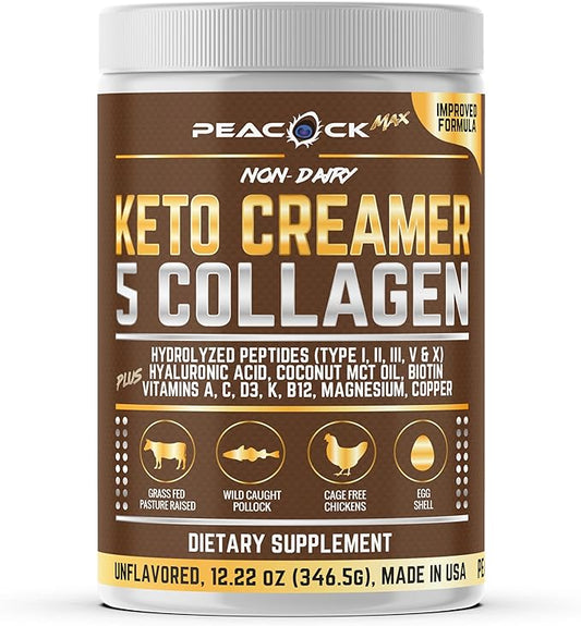 Collagen Keto Creamer Powder, Coconut MCT, Peptides, 12.22 oz, Unflavored, Hydrolyzed, B12, Magnesium (12.22 Ounces (Pack of 1))