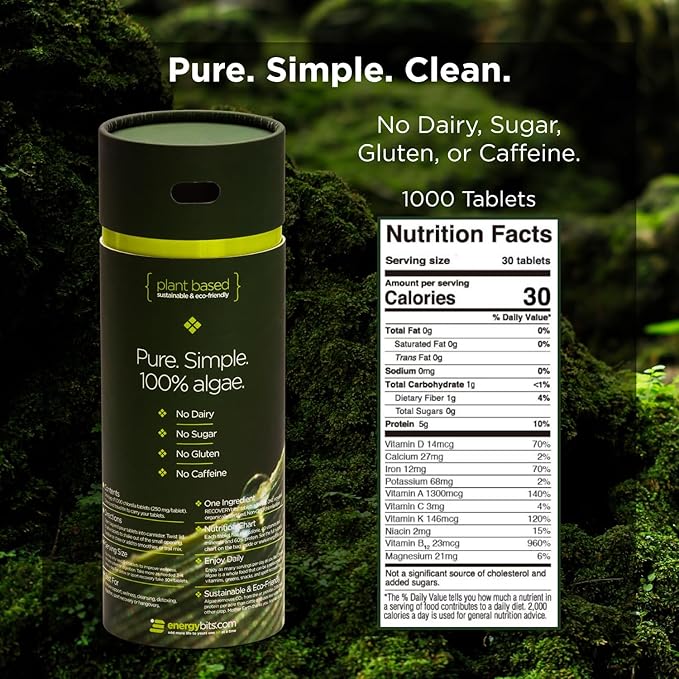 RECOVERYbits - Organic Chlorella Tablets - Plant-Based Algae Superfood - Chlorophyll - Cracked Cell Wall - Energy - Immune System - Detox - Keto - Vegan - Non-GMO - Large Canister - 1000 Tablets