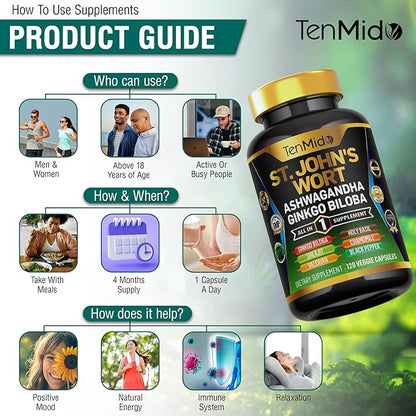 St.John's Wort Supplement - 8in1 Formula - Combine with Ashwagandha, Ginkgo Biloba, Shilajit, Valerian, Holy Basil, Chamomile, and Black Pepper - 120 Vegan Capsules for 4 Months Supply