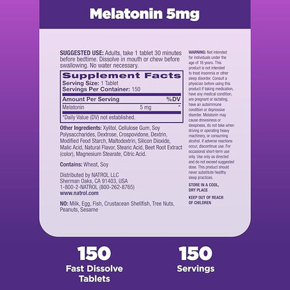 Natrol Fast Dissolve Melatonin 5 mg, Melatonin Supplements for Restful Sleep, Sleep Support for Adults, 150 Strawberry-Flavored Tablets, Up to a 150 Day Supply