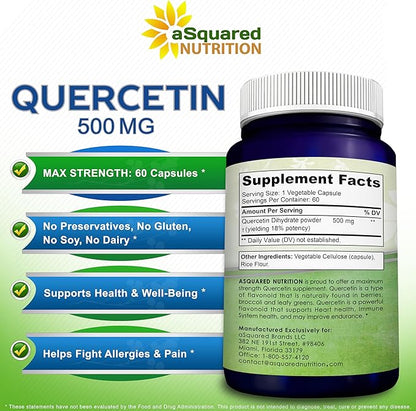 aSquared Nutrition Quercetin 500mg Supplement - 60 Capsules - Quercitin Dihydrate Powder Complex Pills to Support Immune Response & Cardiovascular Health - Pure & Max Strength
