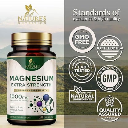 Magnesium Supplement (Citrate Oxide) 1000mg for Best Absorption, Supports Bone, Heart Health, Nerves, Muscles & Metabolism, Nature's Pure Magnesio Vitamin Pills, Bottled in USA, 240 Capsules