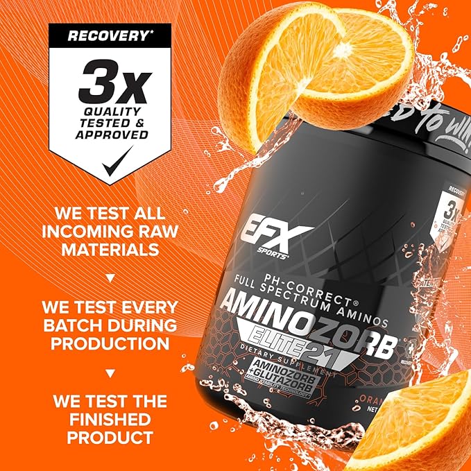 EFX Sports Aminozorb Elite 21 | PH-Correct, Full Spectrum Aminos + Glutamine | Essential & Non Essential Aminos | Zero Sugars | 30 Servings (Orange Splash)
