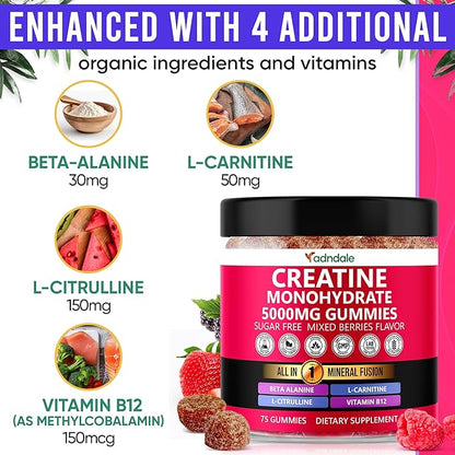 Creatine Monohydrate Gummies for Men & Women – 5000mg per Serving Creatine Supplement with Beta-Alanine, L-Citrulline & B12 – Supports Strength, Energy, and Recovery – 75 Vegan Gummies. Sugar-Free