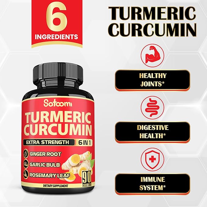 Satoomi 6in1 Turmeric Curcumin Supplement - 3 Month Supply - 95% Curcuminoids with Ginger Root, Garlic Bulb, Rosemary & Black Pepper - 90 Capsules