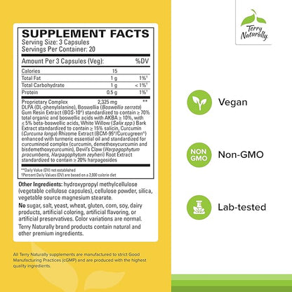 Terry Naturally Curamin Low Back Pain Relief - DLPA & Curcumin Supplement for Relief Support - Enhanced Absorption Curcumin Formula - Herbal Supplement with White Willow & Boswellia - 60 Capsules