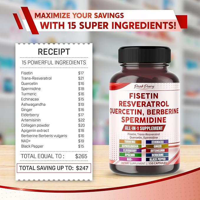 Fisetin Resveratrol Quercetin Elderberry, Echinacea Ashwagandha Turmeric Ginger - Made in USA