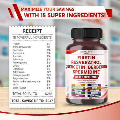 Fisetin Resveratrol Quercetin Elderberry, Echinacea Ashwagandha Turmeric Ginger - Made in USA