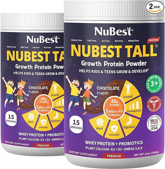 NuBest Tall Protein Powder for Kids & Teens - Chocolate Protein Powder with Red Algae Calcium, Probiotics, Omega 3-6-9, Vitamin D3 K2 & Magnesium from Marine Algae - Bone Strength & Immunity - Pack 2