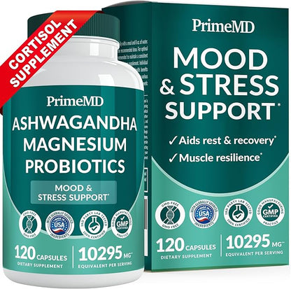 5-in-1 Cortisol Supplement with Ashwagandha for Mood, Stress, Relaxation, Adrenal and Cortisol Support - Herbal Supplements with Shilajit Extract, Magnesium Glycinate, Probiotics (120 ct, Pack of 1)