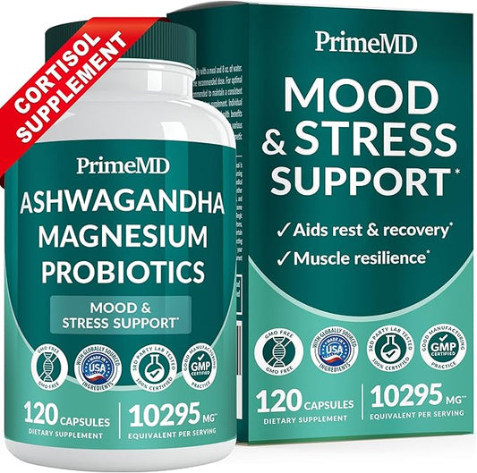 5-in-1 Cortisol Supplement with Ashwagandha for Mood, Stress, Relaxation, Adrenal and Cortisol Support - Herbal Supplements with Shilajit Extract, Magnesium Glycinate, Probiotics (120 ct, Pack of 1)