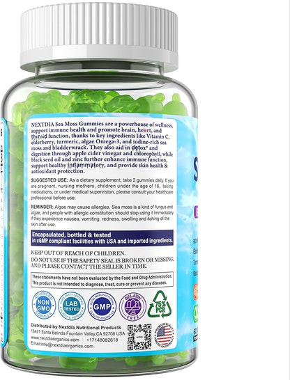 Sea Moss Gummies + Omega-3 Vegan for Man Women, Organic Irish Seamoss Supplement w/Ashwagandha, Turmeric, Elderberry, Vitamins D3 B12 C, Burdock Root, Bladderwrack, for Brain, Energy, Immunty, 120Cts